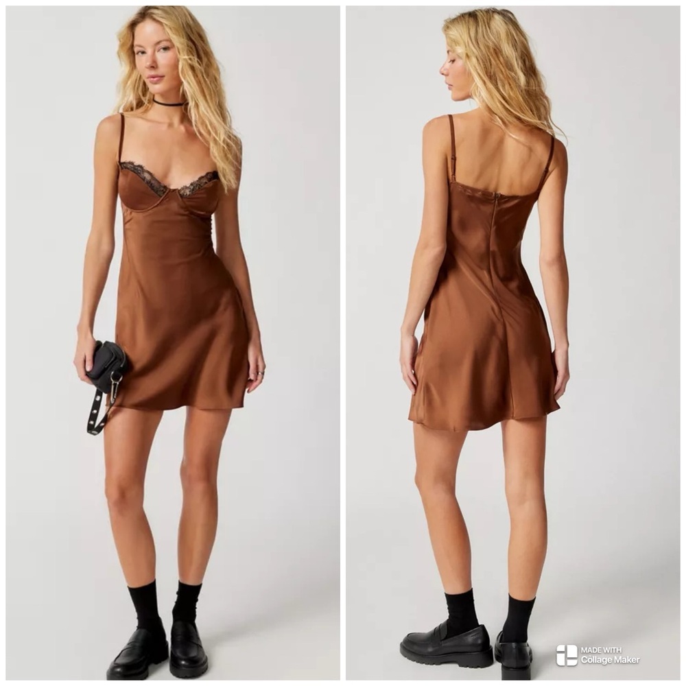 Rare London Urban Outfitters Brown Satin Lace Trim Mini Dress New Size 4